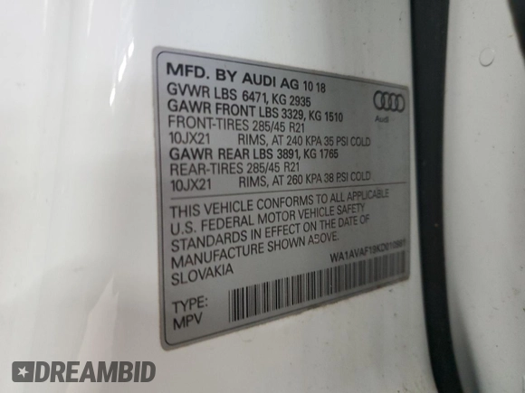 2019 Audi Q8 Premium z VIN WA1AVAF19KD010981, wystawiony jako Copart lot #48662215 z przebiegiem 84 783 mil mil oraz Czysty tytuł • Clean title. Historia ofert i sprzedaży dostępna na DreamBid. Obrazek 13.