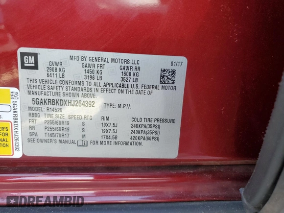 2017 Buick Enclave Leather with VIN 5GAKRBKDXHJ264392, listed as a Copart auction lot 51998025 with 181,689 mi miles and Salvage Title. Bid and sale history available at DreamBid. Image 13.