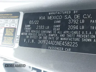 2022 Kia Forte LXS z VIN 3KPF24AD5NE458225, wystawiony jako IAAI lot #41572671 z przebiegiem 24 009 mil mil oraz . Historia ofert i sprzedaży dostępna na DreamBid. Obrazek 9.