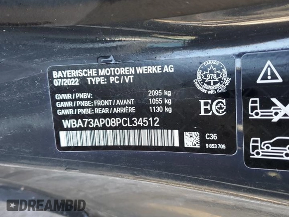 2023 BMW 4 Series 430i xDrive with VIN WBA73AP08PCL34512, listed as a Copart auction lot 43389455 with Not provided miles and Clean title. Bid and sale history available at DreamBid. Image 12.