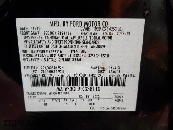 2020 Ford EcoSport SE with VIN MAJ6S3GL9LC338110, listed as a Copart auction lot 43659965 with 44,766 mi miles and Salvage Title. Bid and sale history available at DreamBid. Image 14.