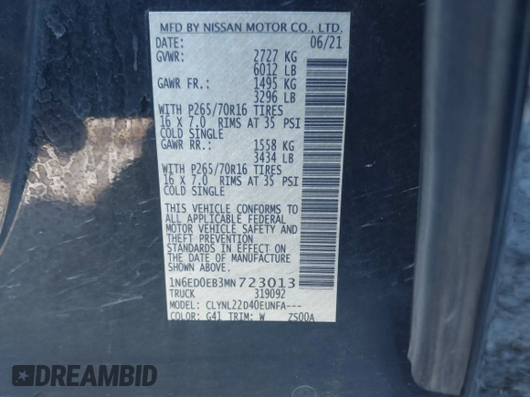 2021 Nissan Frontier SV with VIN 1N6ED0EB3MN723013, listed as a IAAI auction lot 41629704 with 108,750 mi miles and . Bid and sale history available at DreamBid. Image 9.
