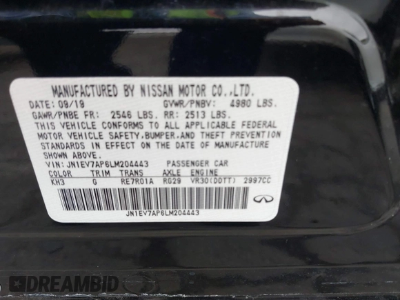 2020 Infiniti Q50 Luxe with VIN JN1EV7AP6LM204443, listed as a IAAI auction lot 42039728 with 58,745 mi miles and . Bid and sale history available at DreamBid. Image 9.