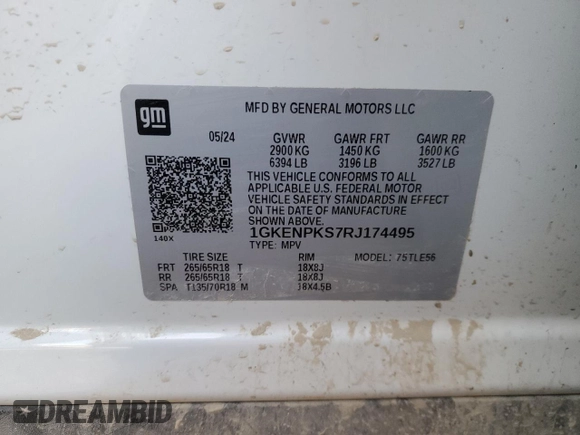 2024 GMC Acadia AWD AT4 z VIN 1GKENPKS7RJ174495, wystawiony jako Copart lot #82187344 z przebiegiem Nie podano mil oraz Szkoda całkowita • Salvage title. Historia ofert i sprzedaży dostępna na DreamBid. Obrazek 15.