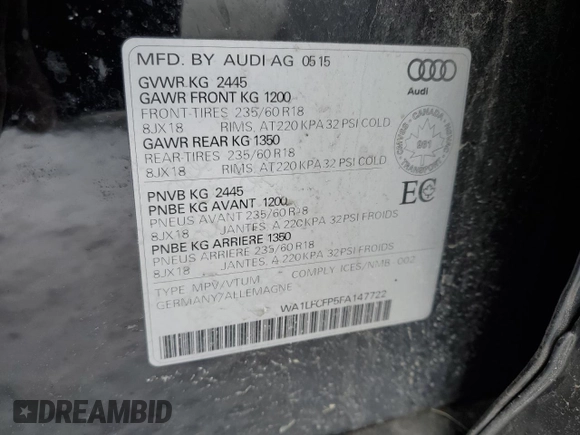 2015 Audi Q5 z VIN WA1LFCFP5FA147722, wystawiony jako Copart lot #42179895 z przebiegiem 157 566 mil mil oraz Czysty tytuł • Clean title. Historia ofert i sprzedaży dostępna na DreamBid. Obrazek 13.