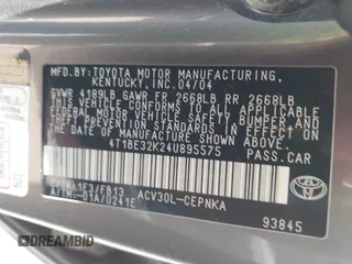 2004 Toyota Camry LE with VIN 4T1BE32K24U895575, listed as a IAAI auction lot 42067190 with 283,333 mi miles. Bid and sale history available at carsss.com. Image 9.