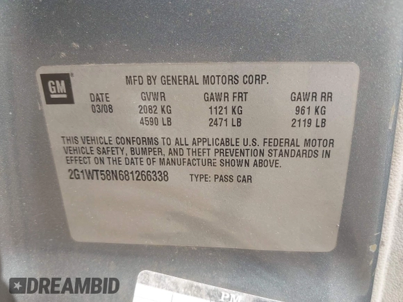 2008 Chevrolet Impala LT with VIN 2G1WT58N681266338, listed as a IAAI auction lot 42029301 with Not Provided miles and . Bid and sale history available at DreamBid. Image 9.