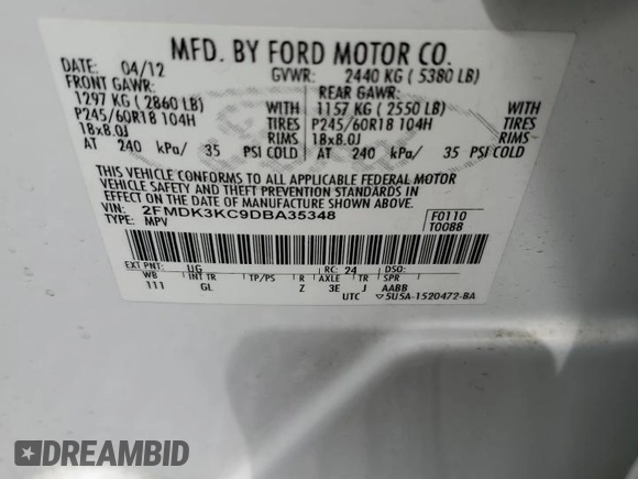 2013 Ford Edge Limited with VIN 2FMDK3KC9DBA35348, listed as a Copart auction lot 57270495 with 142,771 mi miles and Clean title. Bid and sale history available at DreamBid. Image 13.