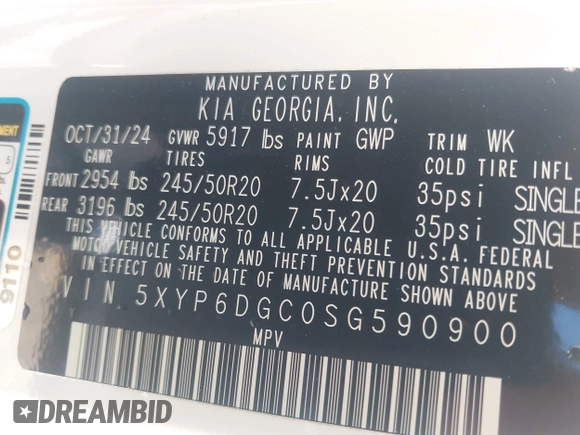 2025 Kia Telluride S with VIN 5XYP6DGC0SG590900, listed as a IAAI auction lot 42706596 with 6,712 mi miles and . Bid and sale history available at DreamBid. Image 9.