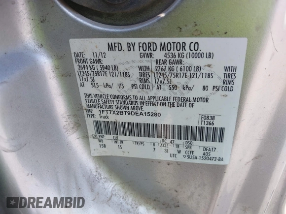 2013 Ford F-250 XL with VIN 1FT7X2BT9DEA15280, listed as a IAAI auction lot 41877278 with 239,362 mi miles and . Bid and sale history available at DreamBid. Image 9.