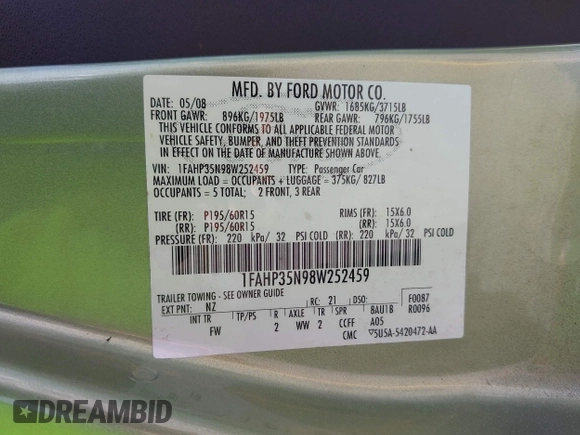 2008 Ford Focus SE with VIN 1FAHP35N98W252459, listed as a IAAI auction lot 42020107 with 173,210 mi miles. Bid and sale history available at carsss.com. Image 9.
