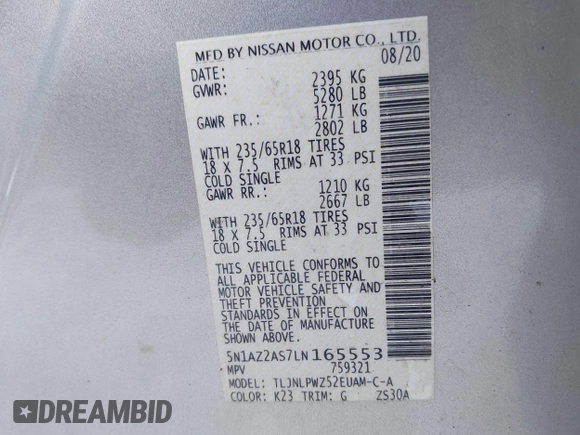 2020 Nissan Murano S with VIN 5N1AZ2AS7LN165553, listed as a IAAI auction lot 41350971 with 30,011 mi miles and . Bid and sale history available at DreamBid. Image 9.