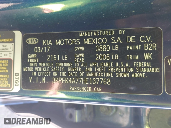 2017 Kia Forte LX with VIN 3KPFK4A77HE137768, listed as a IAAI auction lot 42019109 with 88,324 mi miles. Bid and sale history available at carsss.com. Image 9.