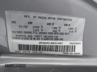 1992 Mazda MX-5 Miata z VIN JM1NA3514N0314487, wystawiony jako IAAI lot #42036631 z przebiegiem 125 882 mil mil oraz . Historia ofert i sprzedaży dostępna na DreamBid. Obrazek 9.