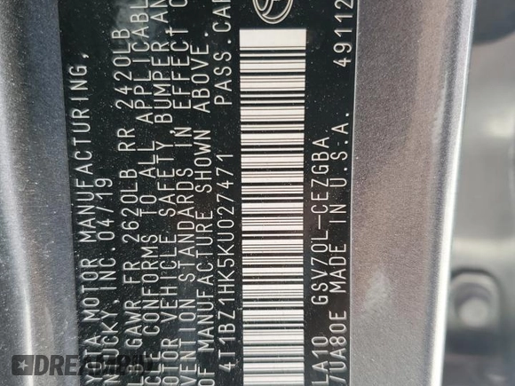 2019 Toyota Camry XSE с VIN 4T1BZ1HK5KU027471, выставлен на аукционе Copart как лот 56937295 с пробегом 127 064 миль миль и Списание • Salvage title. История ставок и продаж доступна на DreamBid. Изображение 12.