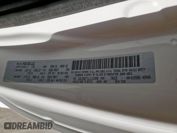 2020 Ram 1500 Tradesman z VIN 3C6JR6DT9LG122008, wystawiony jako Copart lot #48498725 z przebiegiem Nie podano mil oraz Szkoda całkowita • Salvage title. Historia ofert i sprzedaży dostępna na DreamBid. Obrazek 12.