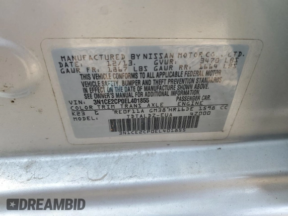 2014 Nissan Note S Plus with VIN 3N1CE2CP0EL401855, listed as a Copart auction lot 60452585 with 132,416 mi miles and Non repairable. Bid and sale history available at DreamBid. Image 12.