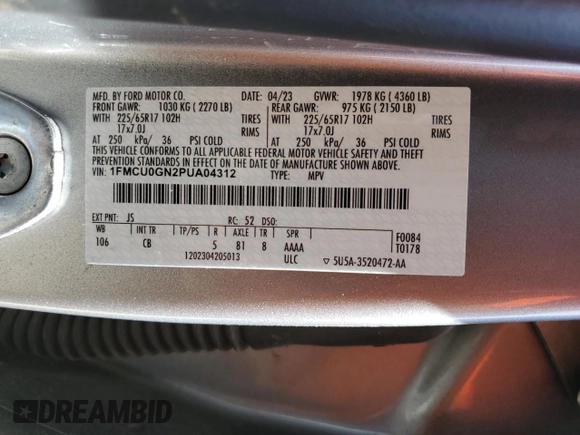 2023 Ford Escape Active with VIN 1FMCU0GN2PUA04312, listed as a Copart auction lot 52388765 with 55,775 mi miles and Clean Title. Bid and sale history available at DreamBid. Image 13.