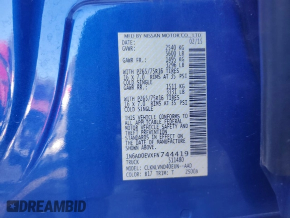 2015 Nissan Frontier Pro-4X with VIN 1N6AD0EVXFN744419, listed as a Copart auction lot 42835395 with 77,691 mi miles and Salvage title. Bid and sale history available at DreamBid. Image 14.