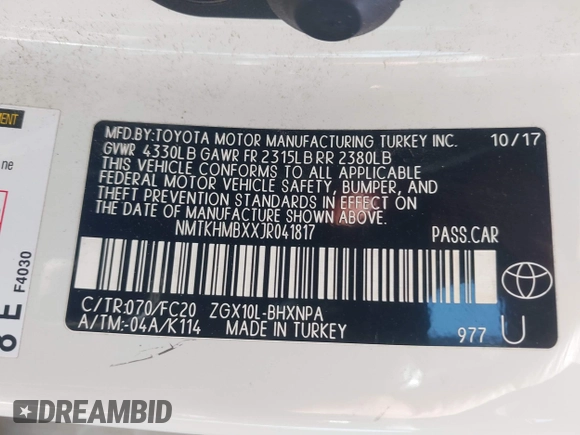 2018 Toyota C-HR XLE z VIN NMTKHMBXXJR041817, wystawiony jako IAAI lot #42174035 z przebiegiem 86 669 mil mil oraz . Historia ofert i sprzedaży dostępna na DreamBid. Obrazek 9.