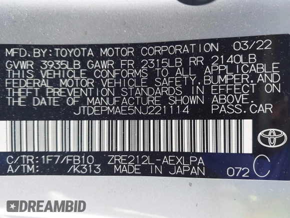 2022 Toyota Corolla LE with VIN JTDEPMAE5NJ221114, listed as a IAAI auction lot 41660732 with 48,662 mi miles and . Bid and sale history available at carsss.com. Image 9.