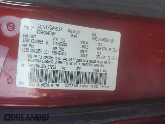 2007 Chrysler Town & Country Touring z VIN 2A8GP54L37R127233, wystawiony jako Copart lot #72338074 z przebiegiem Nie podano mil oraz Szkoda całkowita • Salvage title. Historia ofert i sprzedaży dostępna na DreamBid. Obrazek 13.