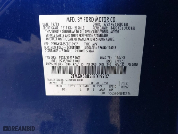 2014 Ford Flex SE with VIN 2FMGK5B85EBD19937, listed as a IAAI auction lot 41794906 with 188,361 mi miles. Bid and sale history available at carsss.com. Image 9.