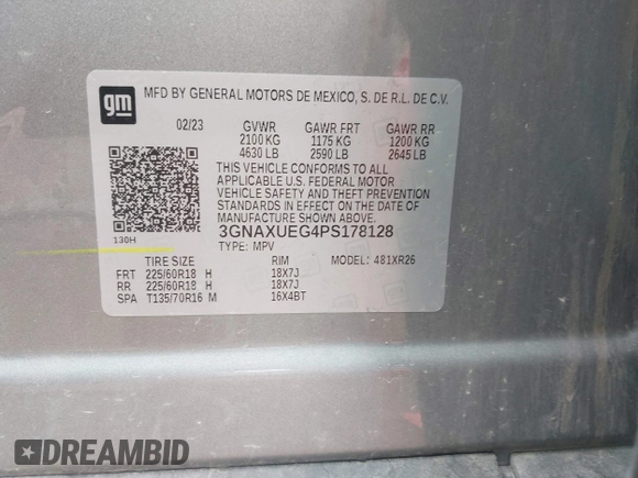 2023 Chevrolet Equinox LT with VIN 3GNAXUEG4PS178128, listed as a IAAI auction lot 42484557 with 56,496 mi miles and . Bid and sale history available at DreamBid. Image 9.