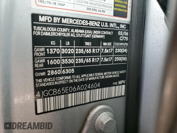 2006 Mercedes-Benz R 3.5L with VIN 4JGCB65E06A024604, listed as a Copart auction lot 78058994 with 197,533 mi miles and Salvage Title. Bid and sale history available at DreamBid. Image 13.