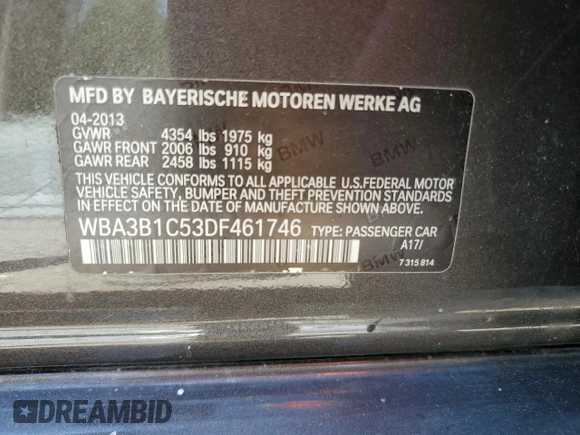 2013 BMW 3 Series 320i with VIN WBA3B1C53DF461746, listed as a Copart auction lot 55137725 with 116,009 mi miles and Clean Title. Bid and sale history available at carsss.com. Image 12.