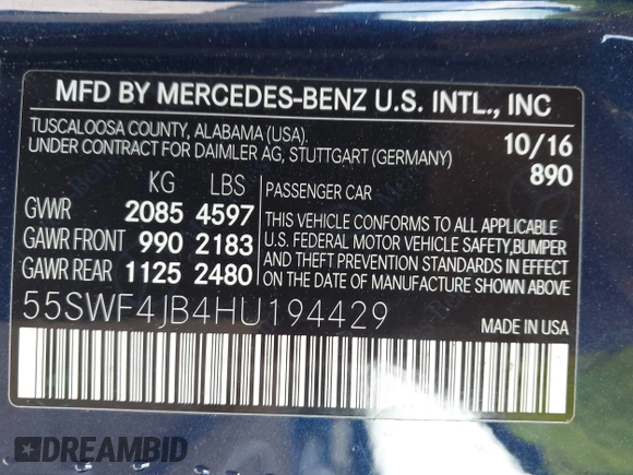 2017 Mercedes-Benz C 300 with VIN 55SWF4JB4HU194429, listed as a IAAI auction lot 42022925 with Not Provided miles and . Bid and sale history available at DreamBid. Image 9.