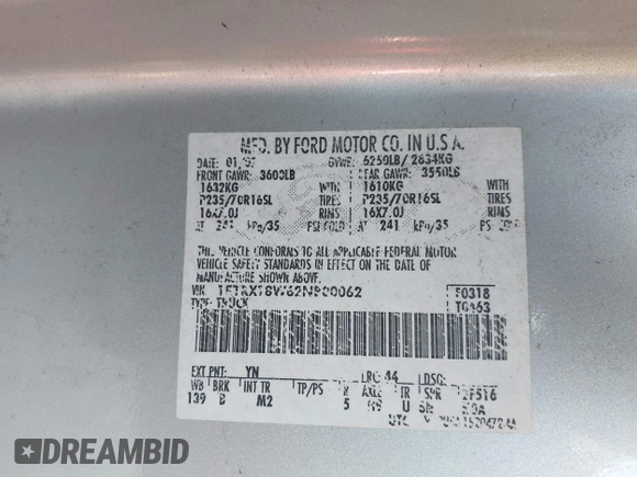 2002 Ford F-150 XL with VIN 1FTRX18W62NB00062, listed as a IAAI auction lot 42472873 with 178,473 mi miles and . Bid and sale history available at DreamBid. Image 9.