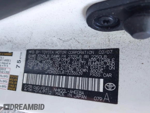 2007 Toyota Prius with VIN JTDKB20U873238639, listed as a IAAI auction lot 42138646 with 1 mi miles. Bid and sale history available at carsss.com. Image 9.