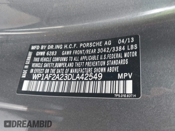 2013 Porsche Cayenne Diesel with VIN WP1AF2A23DLA42549, listed as a IAAI auction lot 42718047 with 99,904 mi miles and . Bid and sale history available at DreamBid. Image 9.