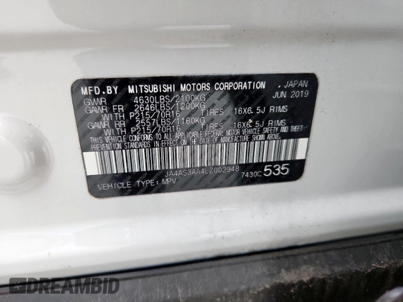 2020 Mitsubishi Eclipse Cross ES с VIN JA4AS3AA4LZ002948, выставлен на аукционе Copart как лот 63639395 с пробегом 151 806 миль миль и Чистый • Clean title. История ставок и продаж доступна на DreamBid. Изображение 13.