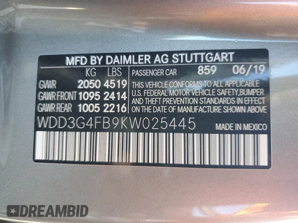 2019 Mercedes-Benz A 220 with VIN WDD3G4FB9KW025445, listed as a Copart auction lot 43725285 with 35,757 mi miles and Salvage Title. Bid and sale history available at DreamBid. Image 14.
