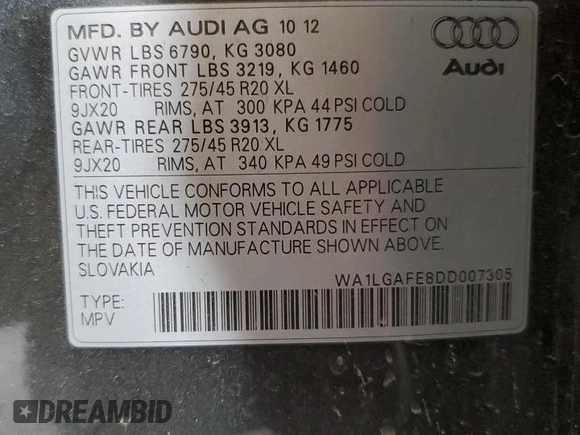 2013 Audi Q7 3.0T Premium Plus with VIN WA1LGAFE8DD007305, listed as a Copart auction lot 54019185 with 75,726 mi miles and Clean Title. Bid and sale history available at carsss.com. Image 12.