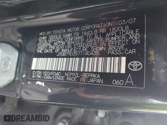 2007 Toyota Yaris with VIN JTDBT903571140435, listed as a IAAI auction lot 41947998 with 259,492 mi miles and . Bid and sale history available at DreamBid. Image 9.