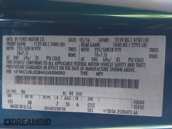 2017 Ford Escape Titanium with VIN 1FMCU9JD8HUA59000, listed as a IAAI auction lot 41559788 with 90,319 mi miles. Bid and sale history available at carsss.com. Image 9.