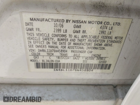 2006 Nissan Altima SE with VIN 1N4BL11D76N458904, listed as a IAAI auction lot 42421934 with 152,604 mi miles and . Bid and sale history available at DreamBid. Image 9.