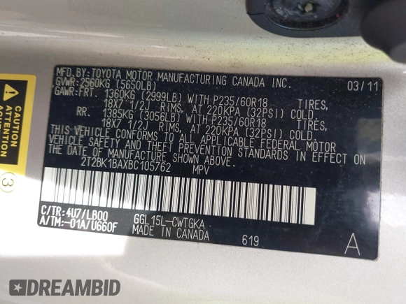 2011 Lexus RX 350 with VIN 2T2BK1BAXBC105762, listed as a IAAI auction lot 41966379 with 138,616 mi miles and . Bid and sale history available at DreamBid. Image 9.