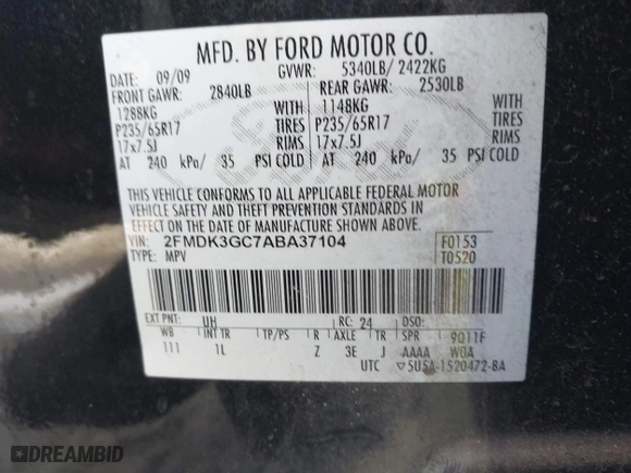 2010 Ford Edge SE with VIN 2FMDK3GC7ABA37104, listed as a IAAI auction lot 40980590 with 244,418 mi miles. Bid and sale history available at carsss.com. Image 9.