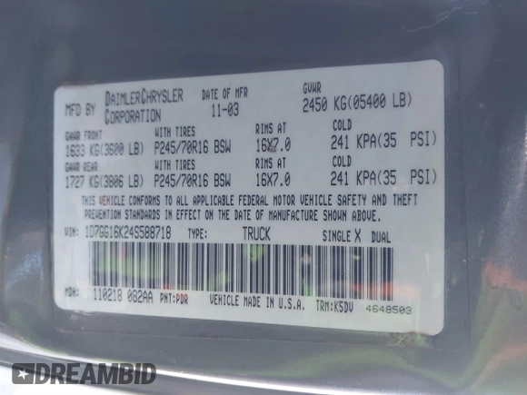 2004 Dodge Dakota with VIN 1D7GG16K24S588718, listed as a IAAI auction lot 41552216 with 140,653 mi miles and . Bid and sale history available at DreamBid. Image 9.