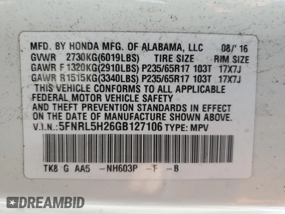2016 Honda Odyssey LX with VIN 5FNRL5H26GB127106, listed as a Copart auction lot 51369155 with 256,713 mi miles and Salvage Title. Bid and sale history available at DreamBid. Image 16.