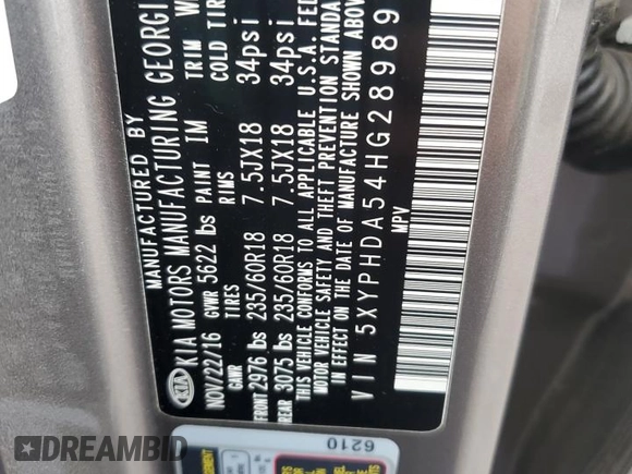 2017 Kia Sorento EX with VIN 5XYPHDA54HG289897, listed as a Copart auction lot 63562265 with 63,057 mi miles and Salvage title. Bid and sale history available at DreamBid. Image 13.