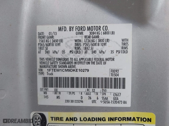 2013 Ford F-150 XL with VIN 1FTEW1CM9DKE10279, listed as a IAAI auction lot 41315691 with 148,668 mi miles. Bid and sale history available at carsss.com. Image 9.