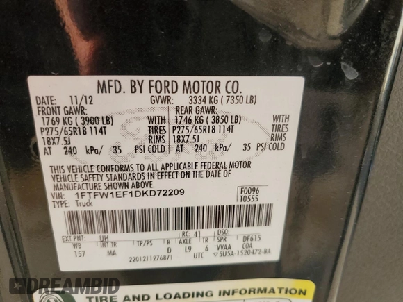 2013 Ford F-150 XL with VIN 1FTFW1EF1DKD72209, listed as a Copart auction lot 48377345 with 244,685 mi miles and Salvage Title. Bid and sale history available at carsss.com. Image 12.