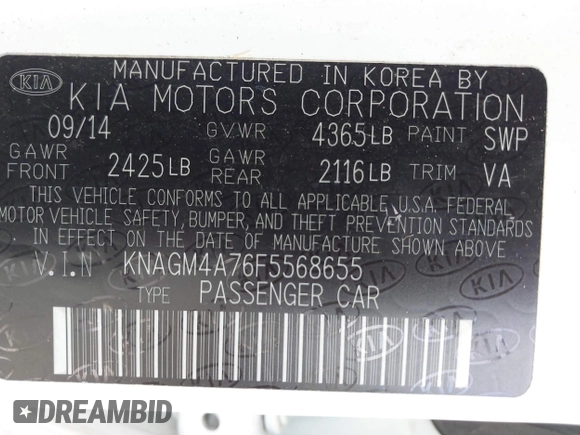 2015 Kia Optima LX with VIN KNAGM4A76F5568655, listed as a IAAI auction lot 42552279 with Not provided miles and . Bid and sale history available at DreamBid. Image 9.