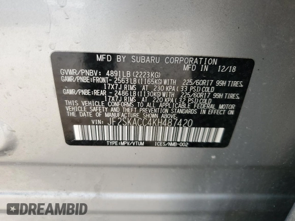 2019 Subaru Forester with VIN JF2SKACC4KH487420, listed as a Copart auction lot 49989085 with 90,879 mi miles and Salvage Title. Bid and sale history available at carsss.com. Image 13.