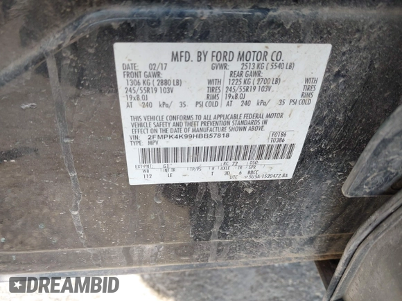 2017 Ford Edge Titanium with VIN 2FMPK4K99HBB57818, listed as a IAAI auction lot 42072809 with 113,124 mi miles. Bid and sale history available at carsss.com. Image 9.